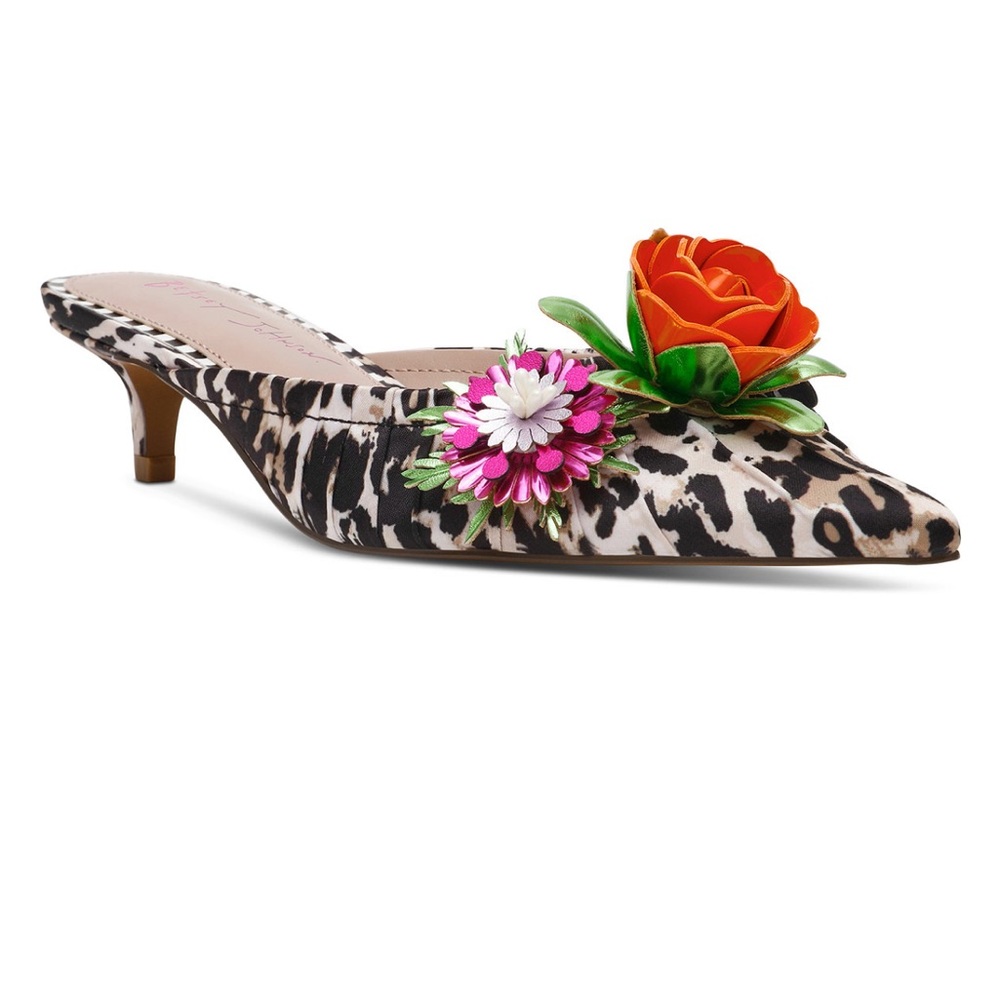 Betsey Johnson Black & White Leopard Print Pointed Mule with Floral Appliqués
